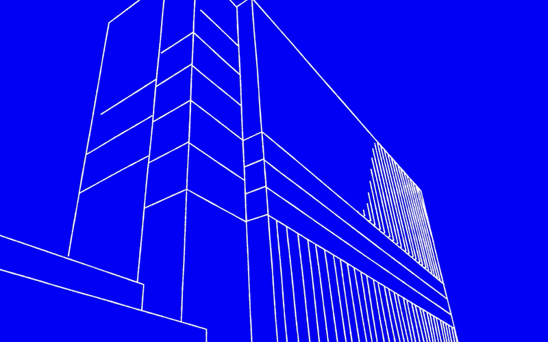 Illustration of the new academic building in blue and white